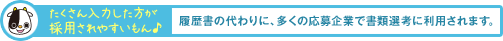 たくさん入力した方が採用されやすいもん♪履歴書の代わりに、多くの応募企業で書類選考に利用されます。